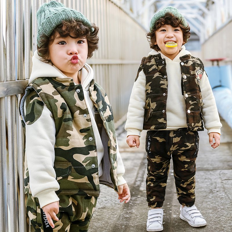 Winter boy hoodie with vest and pants 3 pieces of camouflage clothing kids hoodie children clothes