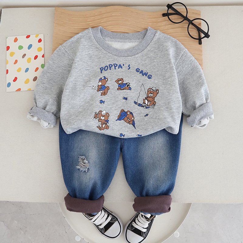 New Customized Autumn Long Sleeve High Quality Kids Clothing Cartoon teddy bear hoodie two-piece set