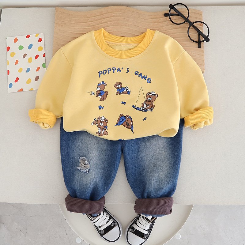 New Customized Autumn Long Sleeve High Quality Kids Clothing Cartoon teddy bear hoodie two-piece set