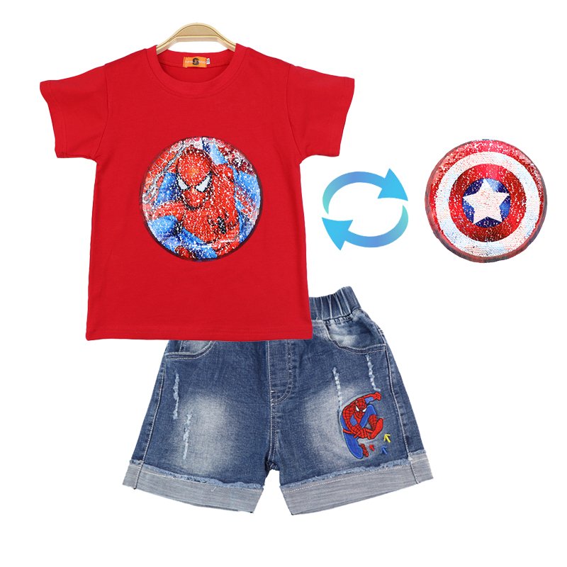 Boys Costume Magic Changed Cartoon Summer Cotton Kids T-Shirt + Denim Shorts Set Baby Clothes Two Piece Set