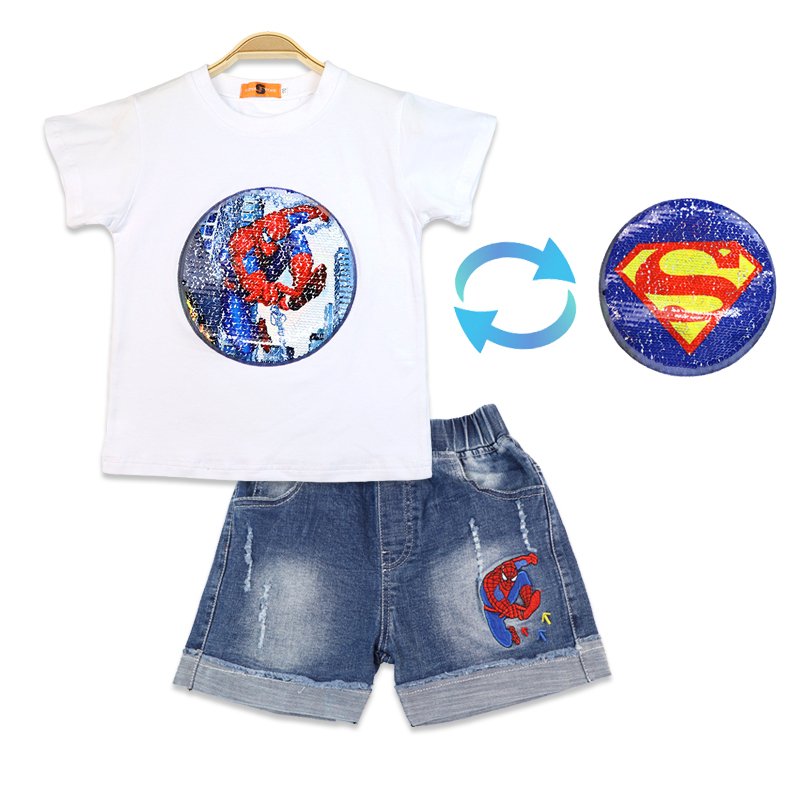 Boys Costume Magic Changed Cartoon Summer Cotton Kids T-Shirt + Denim Shorts Set Baby Clothes Two Piece Set