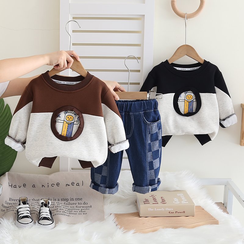 Boys Clothing Sets for Circle Color blocked and Velvet Hoodie Set Winter Seasons Casual Print or Letter Pattern Suits Kids Sizes