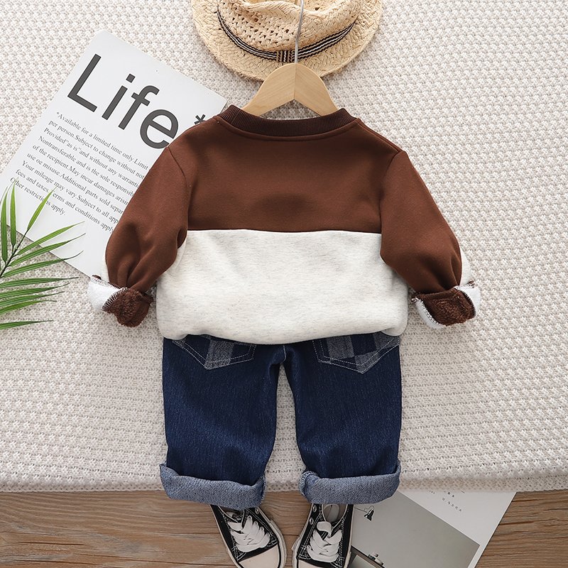 Boys Clothing Sets for Circle Color blocked and Velvet Hoodie Set Winter Seasons Casual Print or Letter Pattern Suits Kids Sizes