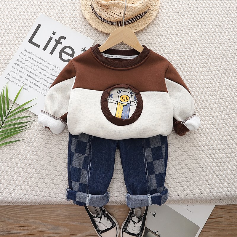 Boys Clothing Sets for Circle Color blocked and Velvet Hoodie Set Winter Seasons Casual Print or Letter Pattern Suits Kids Sizes
