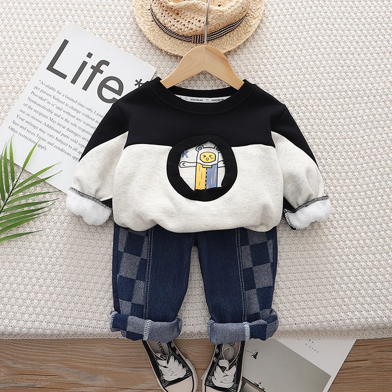 Boys Clothing Sets for Circle Color blocked and Velvet Hoodie Set Winter Seasons Casual Print or Letter Pattern Suits Kids Sizes