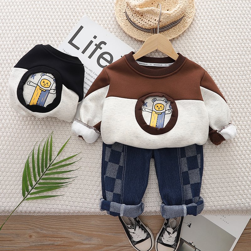 Boys Clothing Sets for Circle Color blocked and Velvet Hoodie Set Winter Seasons Casual Print or Letter Pattern Suits Kids Sizes