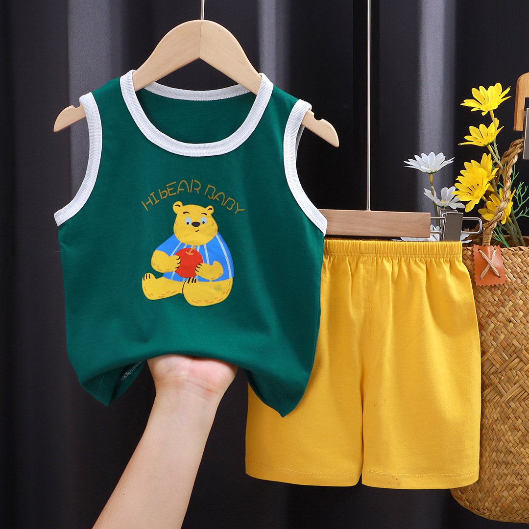 Summer 2024 New Children Cotton Vest Set Boys Girls Cartoon Shorts Two Pieces Kids Clothing For Hot Selling