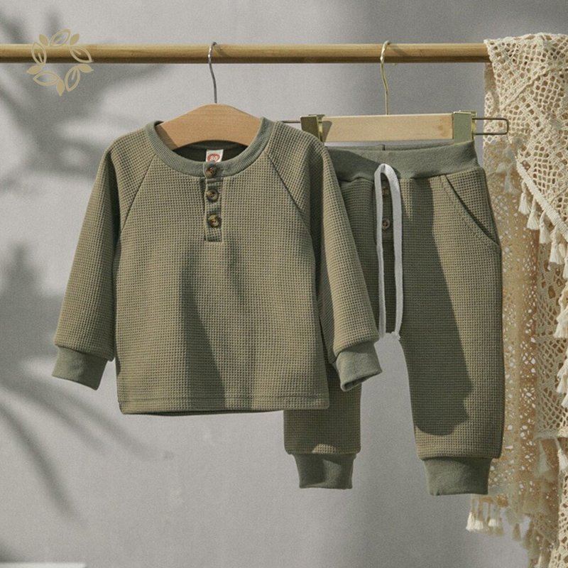 Organic Cotton Baby Clothes Set waffle toddler Loungewear Autumn Baby Tops Pants henley t shirt & jogger Set kids clothes sets