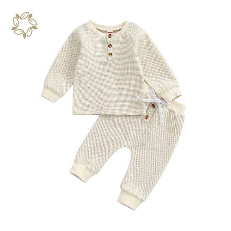 Organic Cotton Baby Clothes Set waffle toddler Loungewear Autumn Baby Tops Pants henley t shirt & jogger Set kids clothes sets