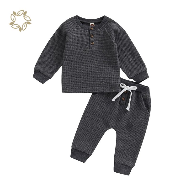 Organic Cotton Baby Clothes Set waffle toddler Loungewear Autumn Baby Tops Pants henley t shirt & jogger Set kids clothes sets