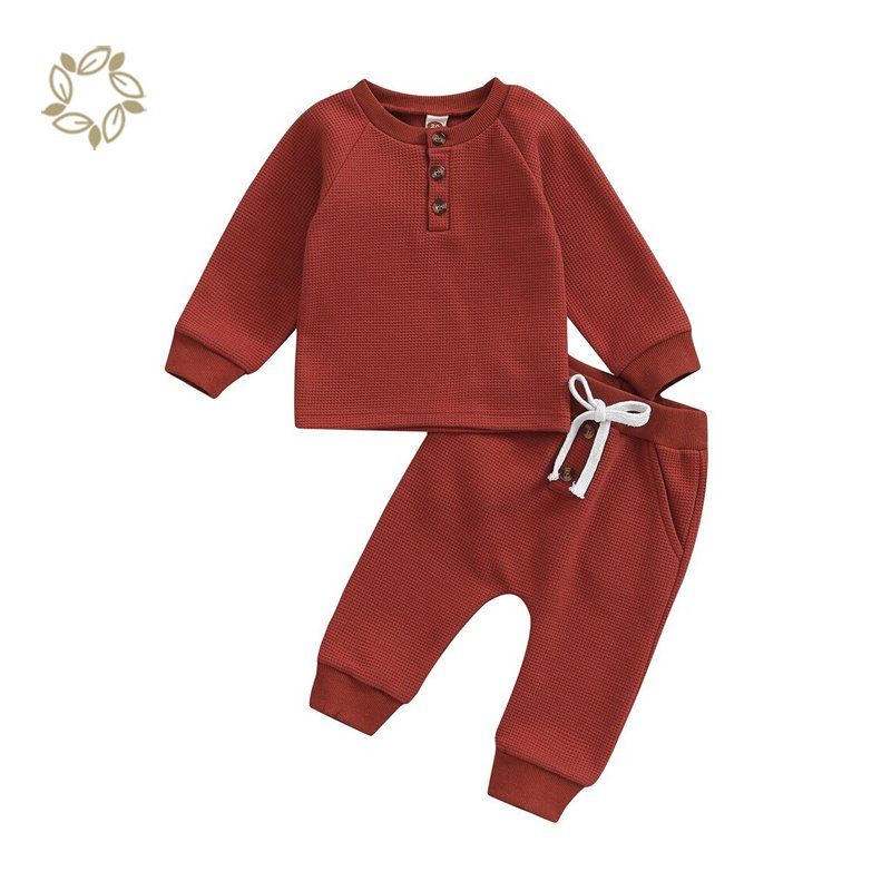Organic Cotton Baby Clothes Set waffle toddler Loungewear Autumn Baby Tops Pants henley t shirt & jogger Set kids clothes sets