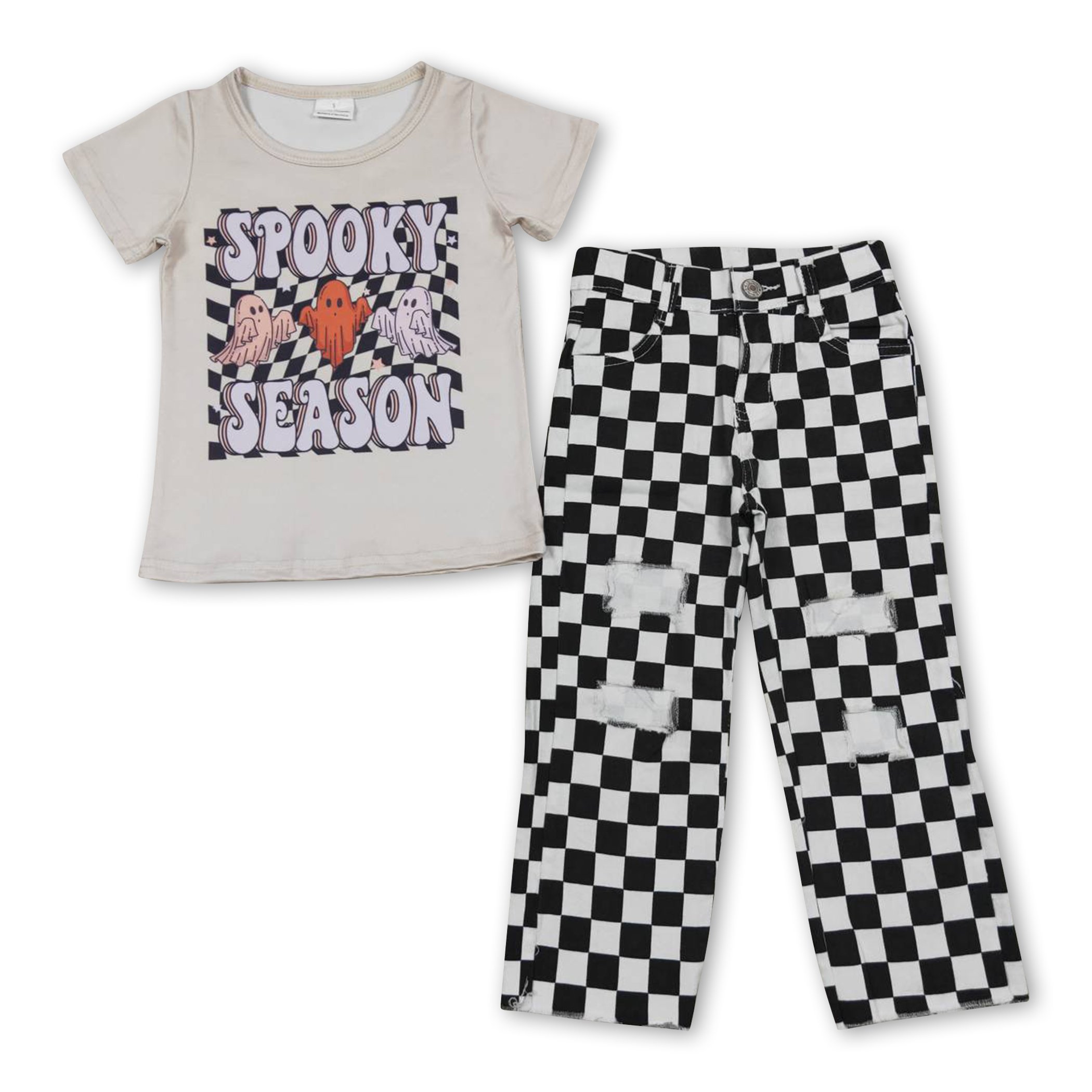 BSPO0156 Western boys Vintage fall clothe print spooky season white short sleeve plaid pantsuit western boys clothing sets