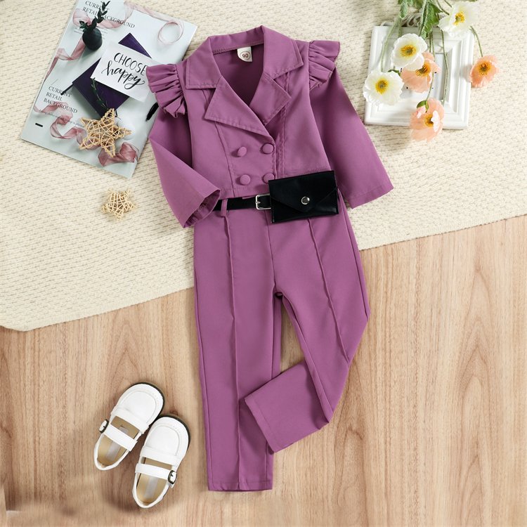 Children'S Korean Version Of Casual Suit Collar Shirt And Trousers With Waist Pack Two Sets