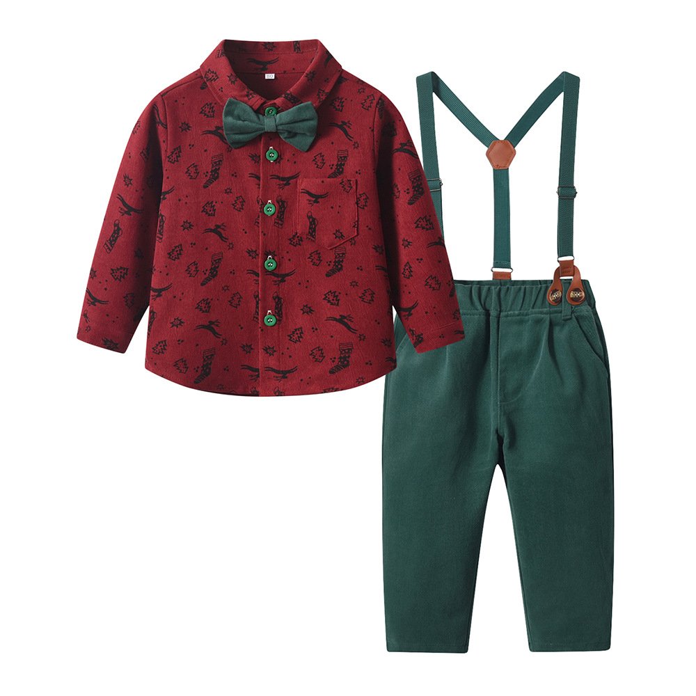 2024 Christmas Kids Clothes Baby Boy Formal Outfits Toddler Boys Clothing Set Shirt With Bowtie Suspender Pants Fall Wear