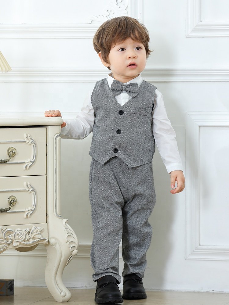 Custom Boy Clothing Set 1 - 6 Years Boy Waistcoat Gray Long Sleeve Blazers Children Clothes Toddler Boy Suit Wedding Gentleman