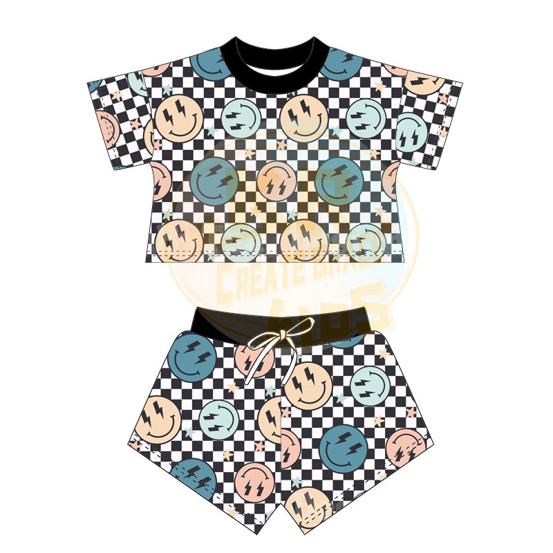 Hot Sale Custom Checkered Kids Boys Outfits Kid Boys Short Sleeves Sets Children Casual Sets Clothing