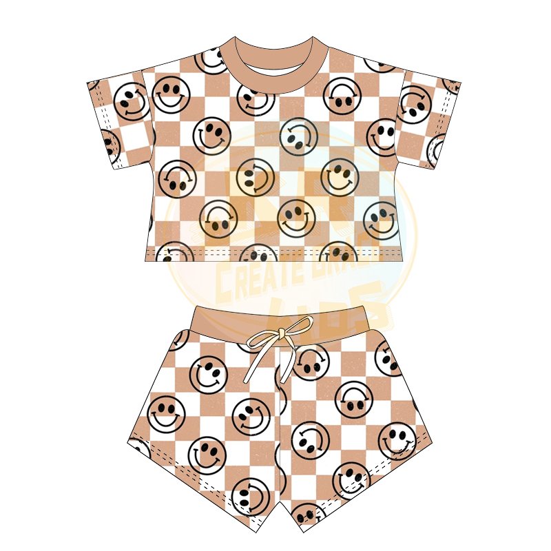 Hot Sale Custom Checkered Kids Boys Outfits Kid Boys Short Sleeves Sets Children Casual Sets Clothing