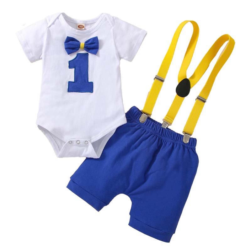 Kids New Arrivals 2022 Short Sleeve Romper Straps Suspenders Shorts Outfits One Year Old Boy Birthday Outfit BBOF-013
