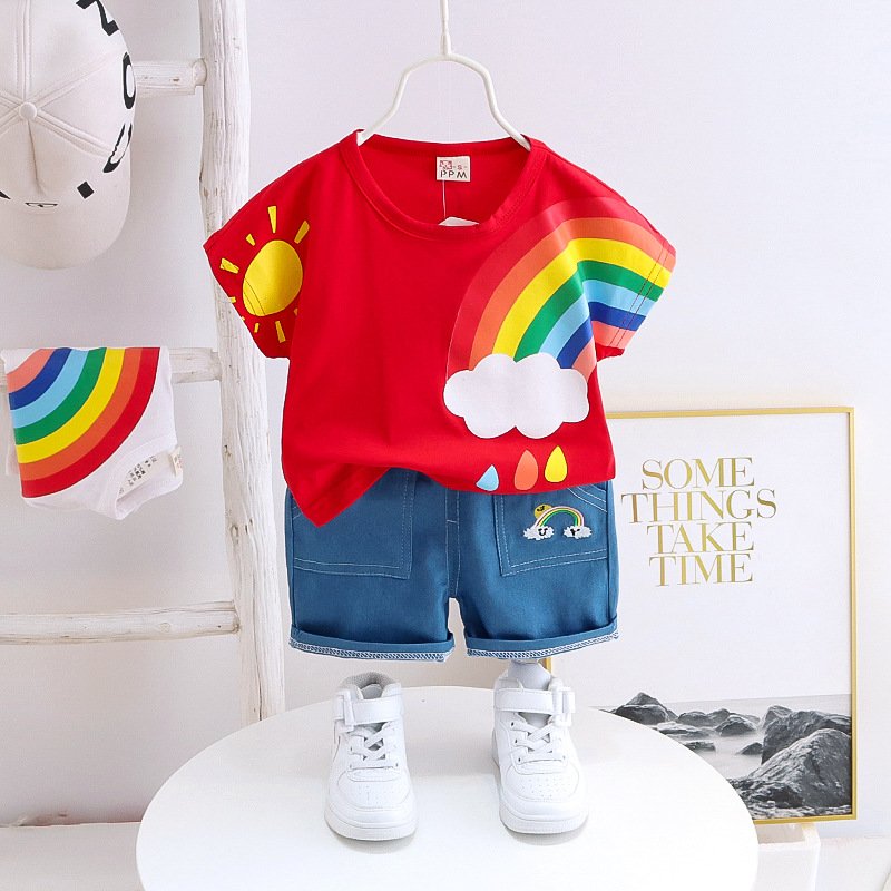 Children Casual Two-piece Clothing Set Boy Kids Short-sleeved T Shirt Denim Shorts Clothes Sets Summer for Baby
