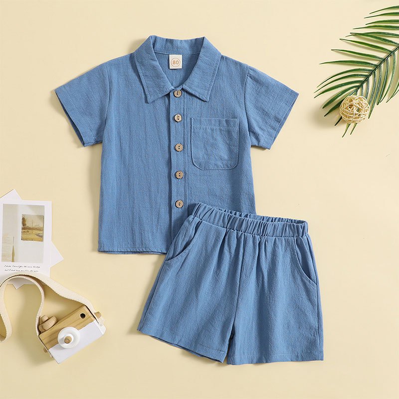Summer cotton and linen casual style short-sleeved lapel Polo shirt boys summer two-piece suit boy clothing sets
