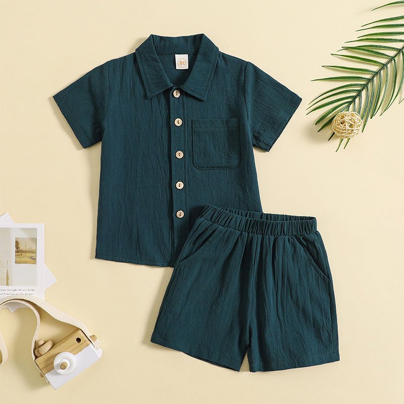 Summer cotton and linen casual style short-sleeved lapel Polo shirt boys summer two-piece suit boy clothing sets