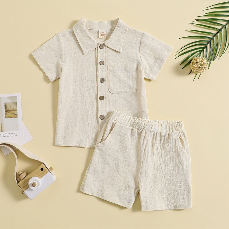 Summer cotton and linen casual style short-sleeved lapel Polo shirt boys summer two-piece suit boy clothing sets