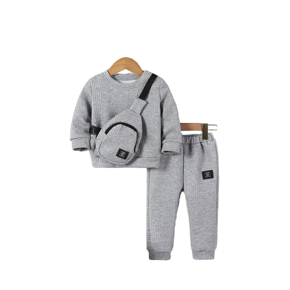 Autumn New Baby Boy Casual Fashion 3-Piece Cotton Clothing Set Small Neck Sweater Diagonal Bag Trousers Solid Shoulder Buckle