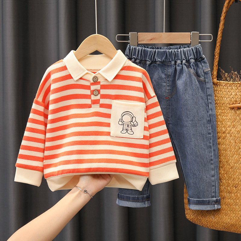 2023 Boys Clothing Sets Autumn Winter Casual Polo Shirt Pants Little Boy Clothing Astronaut Pocket Lapel Boys Kids Clothing Set