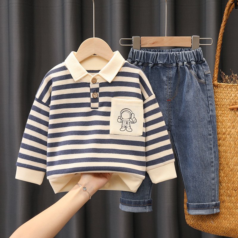 2023 Boys Clothing Sets Autumn Winter Casual Polo Shirt Pants Little Boy Clothing Astronaut Pocket Lapel Boys Kids Clothing Set