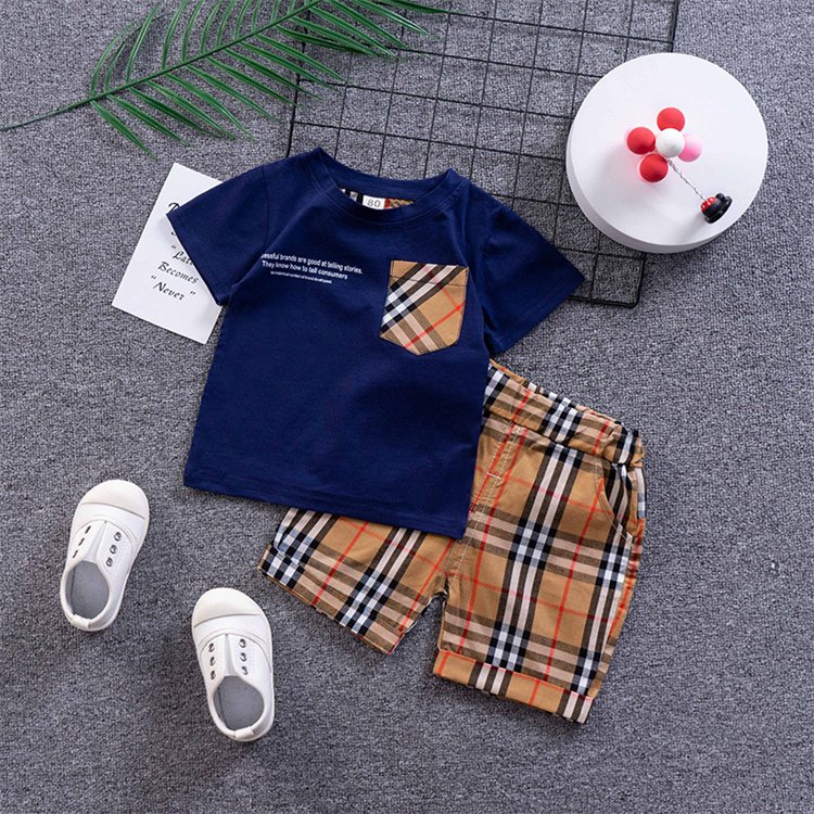 Baby Clothing Sets Boys High-quality Summer Letter Plaid Pocket T Shirt Shorts Kids Clothing Baby Boy Clothing Sets
