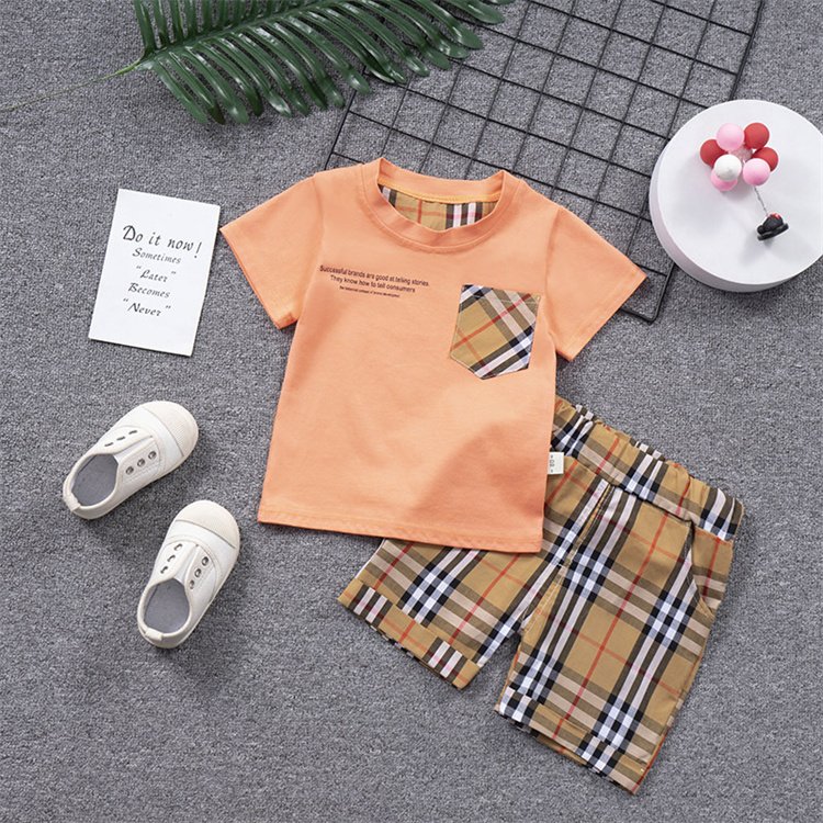 Baby Clothing Sets Boys High-quality Summer Letter Plaid Pocket T Shirt Shorts Kids Clothing Baby Boy Clothing Sets