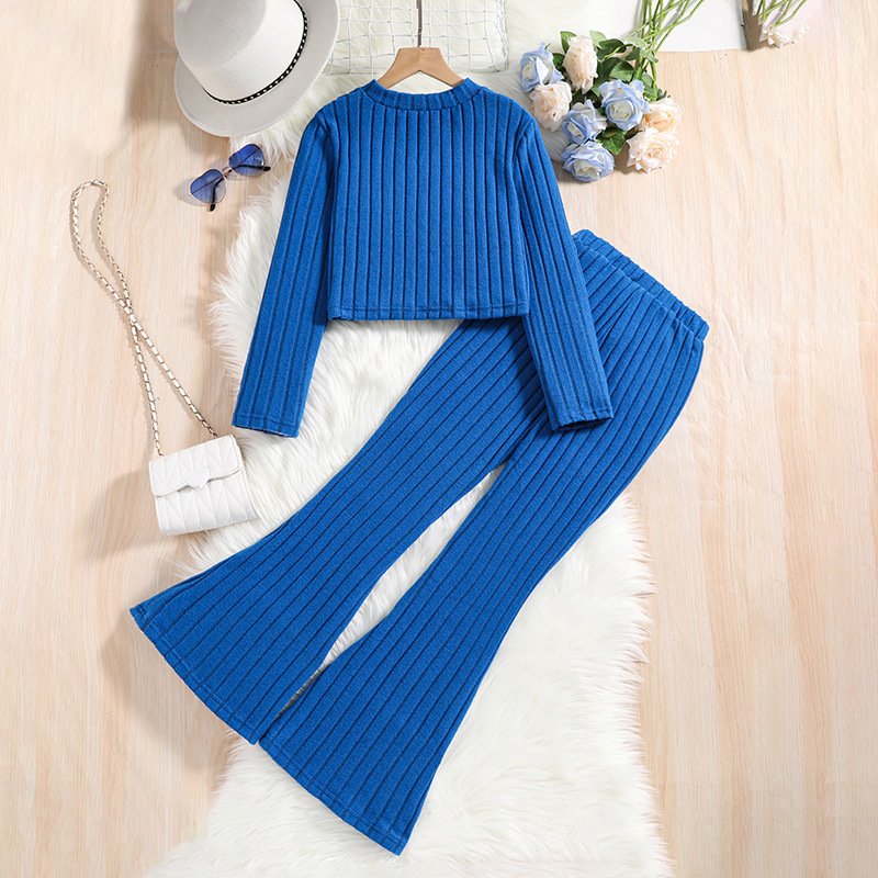 Amazon European and American Children's Wear Spring New Pit Stripe Long sleeved Top Flare Pants Two piece Girl's Set