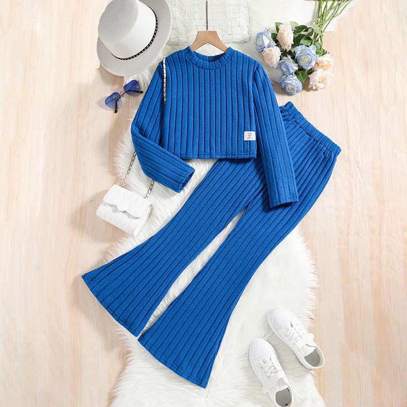 Amazon European and American Children's Wear Spring New Pit Stripe Long sleeved Top Flare Pants Two piece Girl's Set