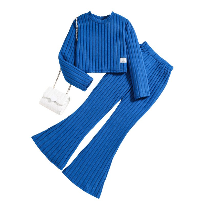 Amazon European and American Children's Wear Spring New Pit Stripe Long sleeved Top Flare Pants Two piece Girl's Set