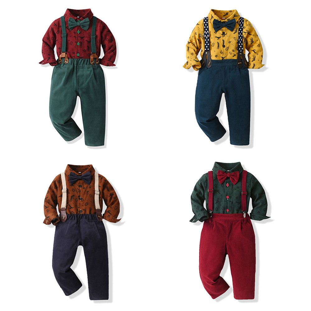 Christmas boy suit printed pattern long sleeve cardigan suspenders two-piece Christmas children's suit kids clothing set