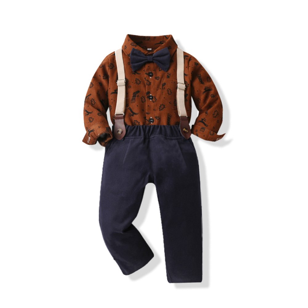 Christmas boy suit printed pattern long sleeve cardigan suspenders two-piece Christmas children's suit kids clothing set