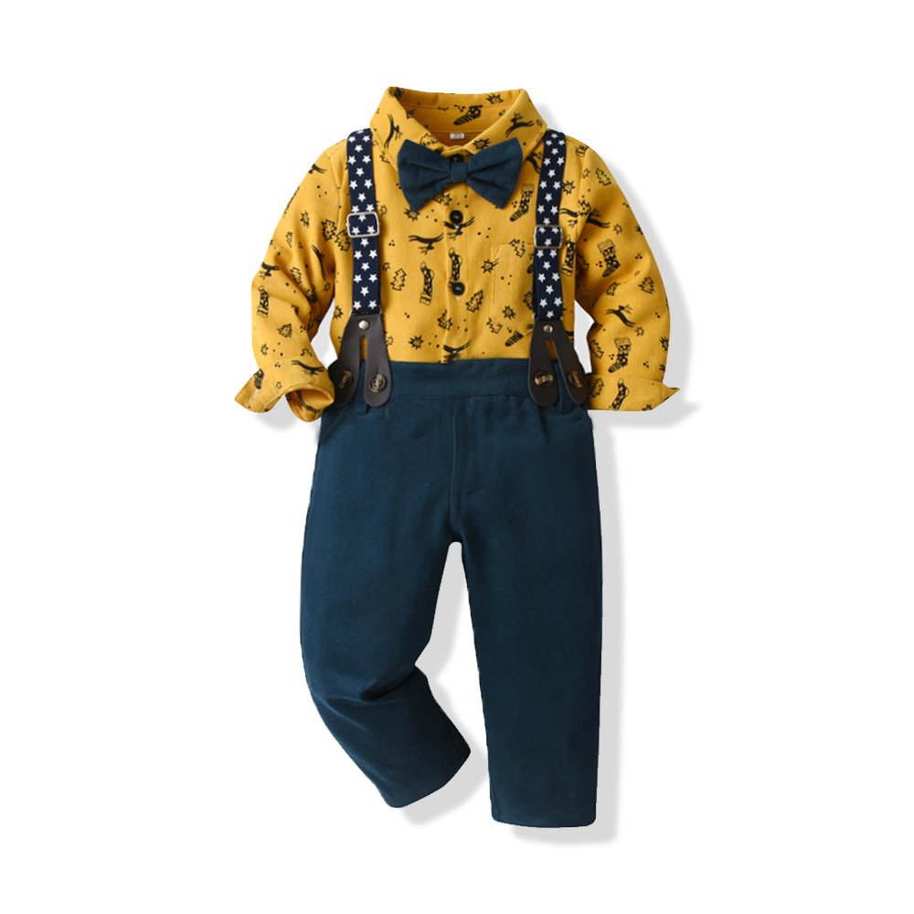 Christmas boy suit printed pattern long sleeve cardigan suspenders two-piece Christmas children's suit kids clothing set