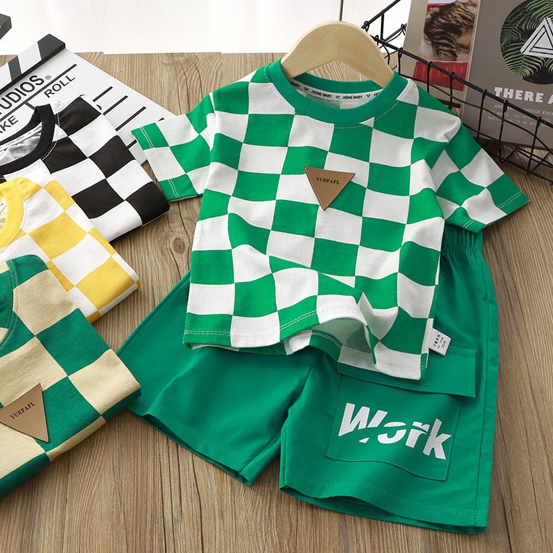 Summer Thin Boys Korean Style Set Children's Casual Fashion Plaid Short-sleeved Shorts Suit