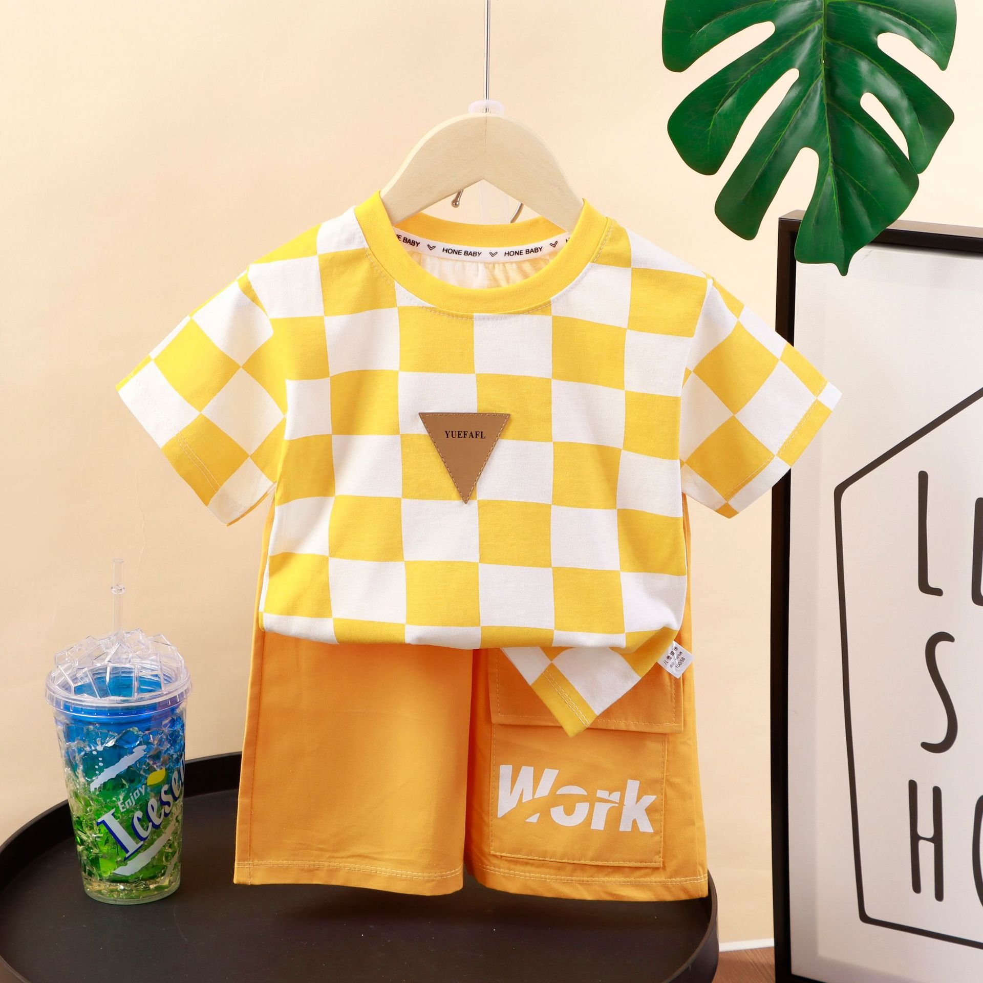 Summer Thin Boys Korean Style Set Children's Casual Fashion Plaid Short-sleeved Shorts Suit