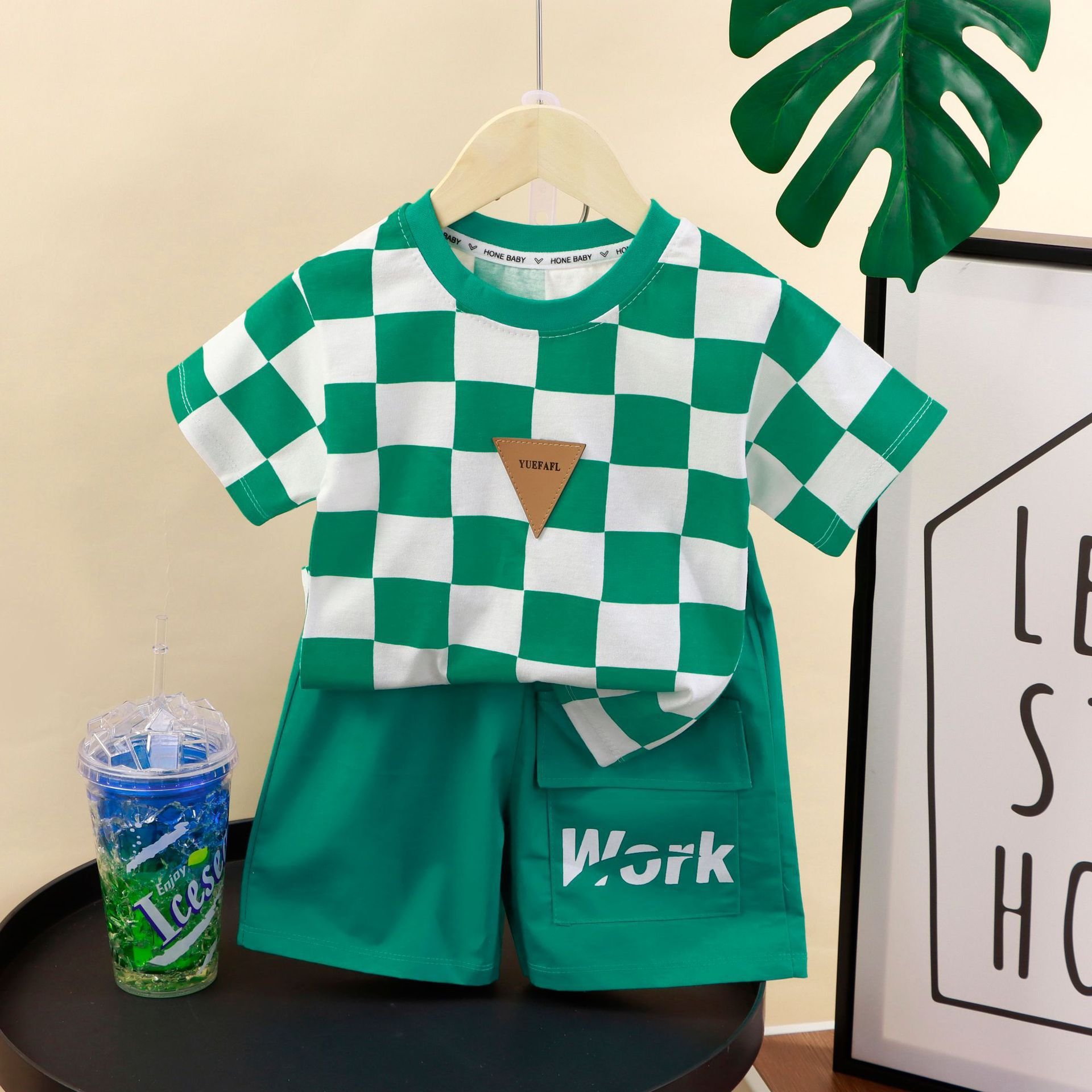 Summer Thin Boys Korean Style Set Children's Casual Fashion Plaid Short-sleeved Shorts Suit