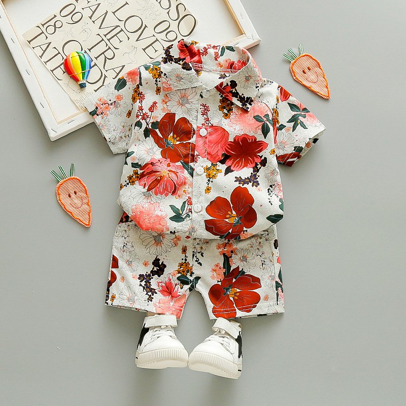 Summer Boy Clothes Outfit Set Toddler Baby Boys Clothing Hawaii Shirt Shorts Printed Flower Leaf Boy Set 1-5 Years Kids Suit