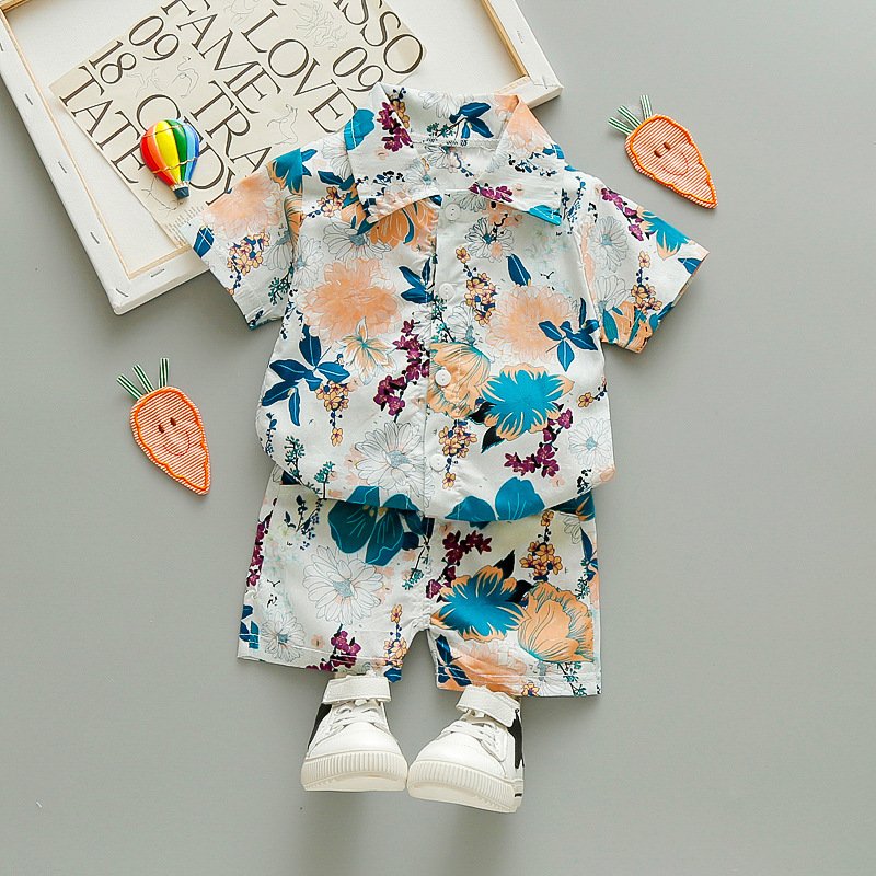 Summer Boy Clothes Outfit Set Toddler Baby Boys Clothing Hawaii Shirt Shorts Printed Flower Leaf Boy Set 1-5 Years Kids Suit