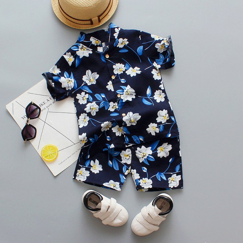 Summer Boy Clothes Outfit Set Toddler Baby Boys Clothing Hawaii Shirt Shorts Printed Flower Leaf Boy Set 1-5 Years Kids Suit