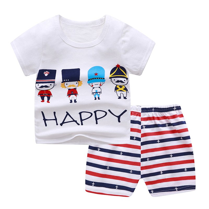 Summer children's clothing baby pure cotton round neck short sleeved shorts set wholesale