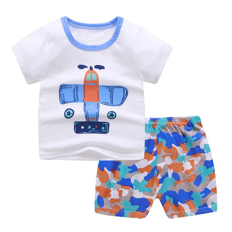 Summer children's clothing baby pure cotton round neck short sleeved shorts set wholesale