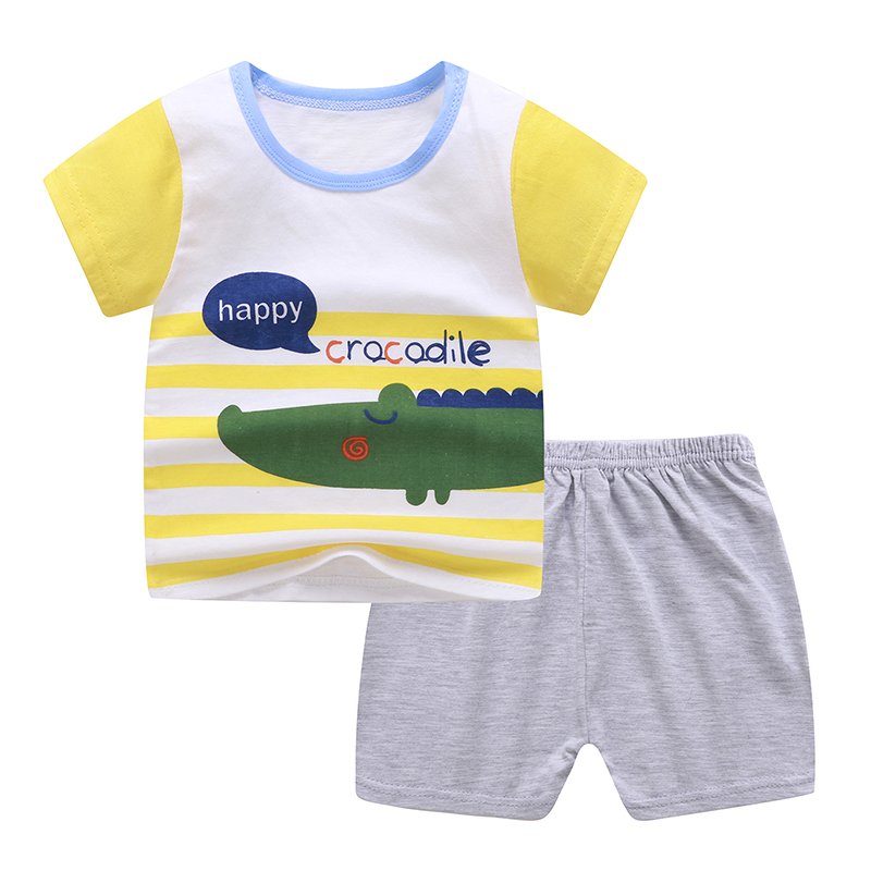 Summer children's clothing baby pure cotton round neck short sleeved shorts set wholesale