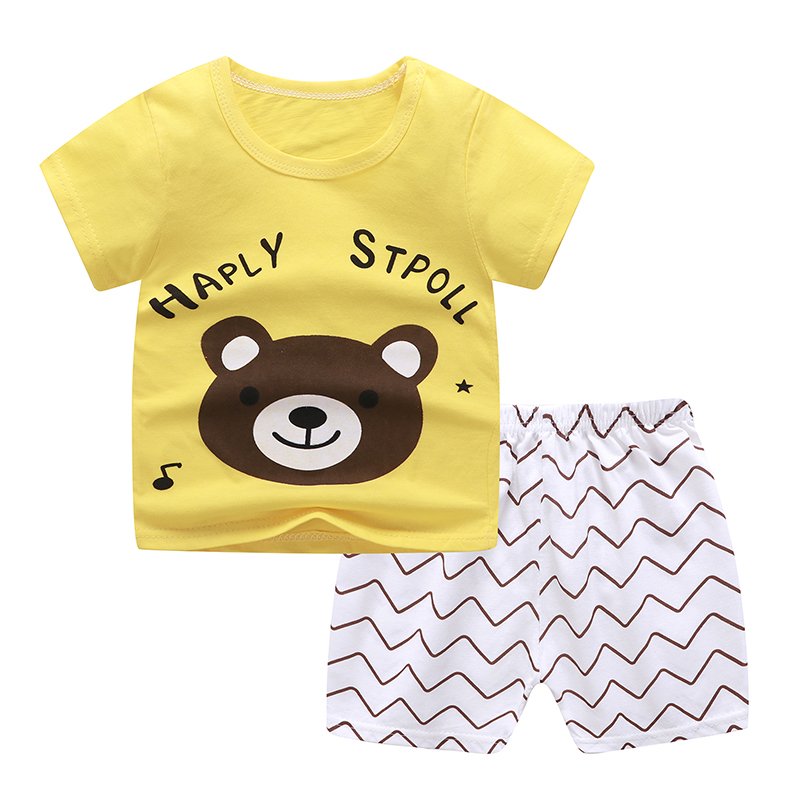 Summer children's clothing baby pure cotton round neck short sleeved shorts set wholesale