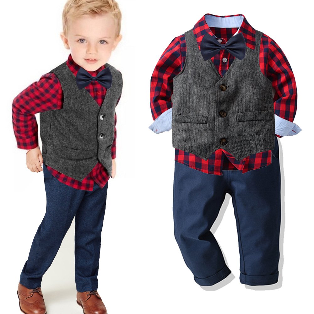 Good Quality Children Gentleman Formal Birthday Suit Red Plaid Shirts +long pants+Vest kids 3pcs BoySets 20A513