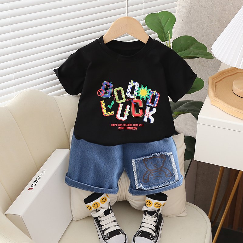 Children's fashion summer English short sleeved round neck T-shirt denim shorts 2-piece set for children aged 1-5