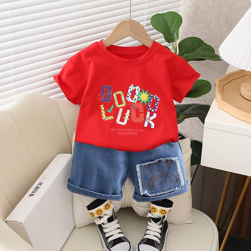 Children's fashion summer English short sleeved round neck T-shirt denim shorts 2-piece set for children aged 1-5